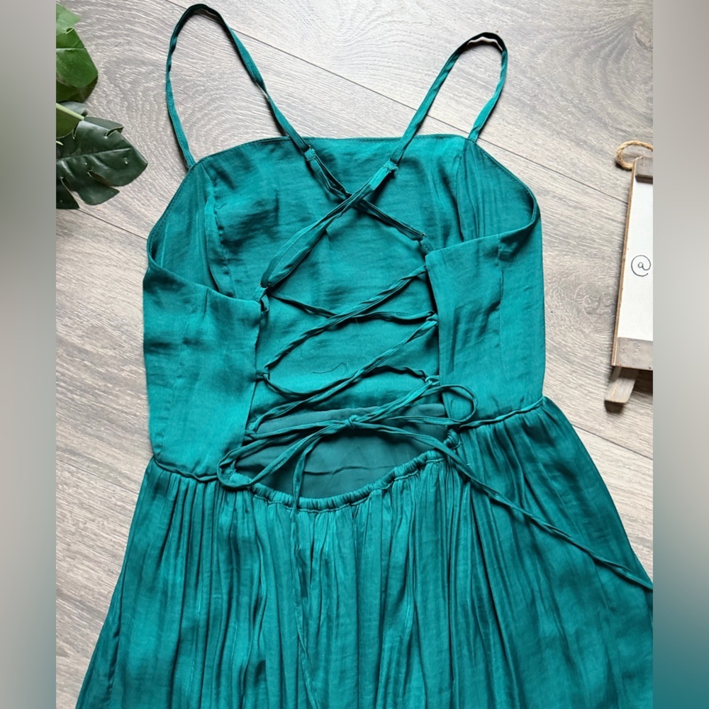 Urban Outfitters Morning Light Strappy Pleated Midi Dress Teal Green Satin Sz M - Picture 10 of 15